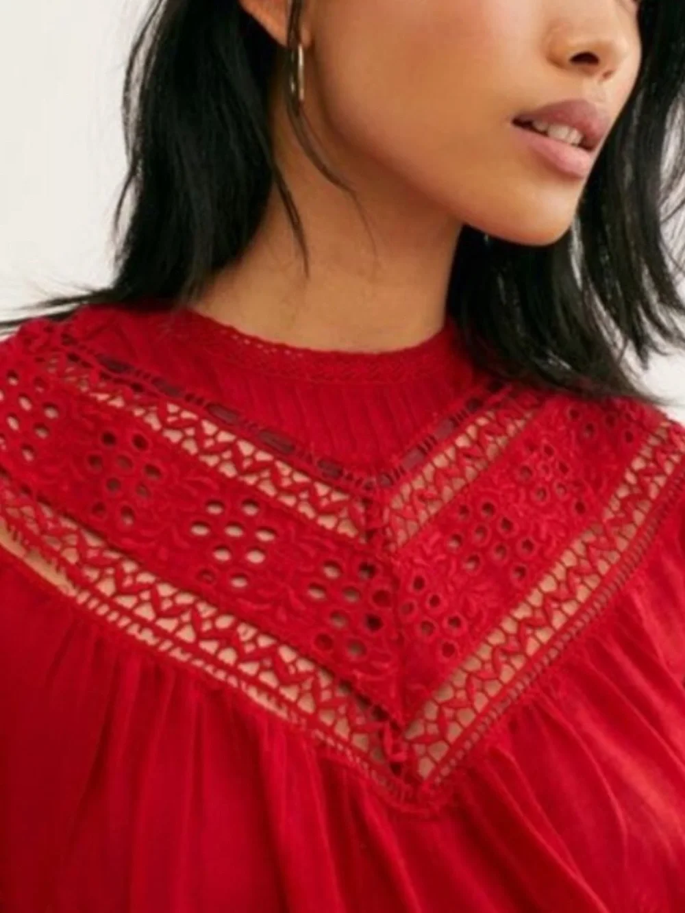 Free People Abigail Victorian Lace-Inset Red Feminine Blouse - Women Tops